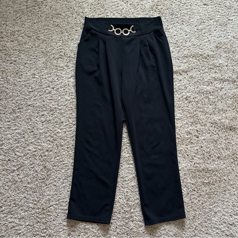 Mia Rose Women’s Fashion Casual Pants Gold Chain Detail Pleated Black Pants XL